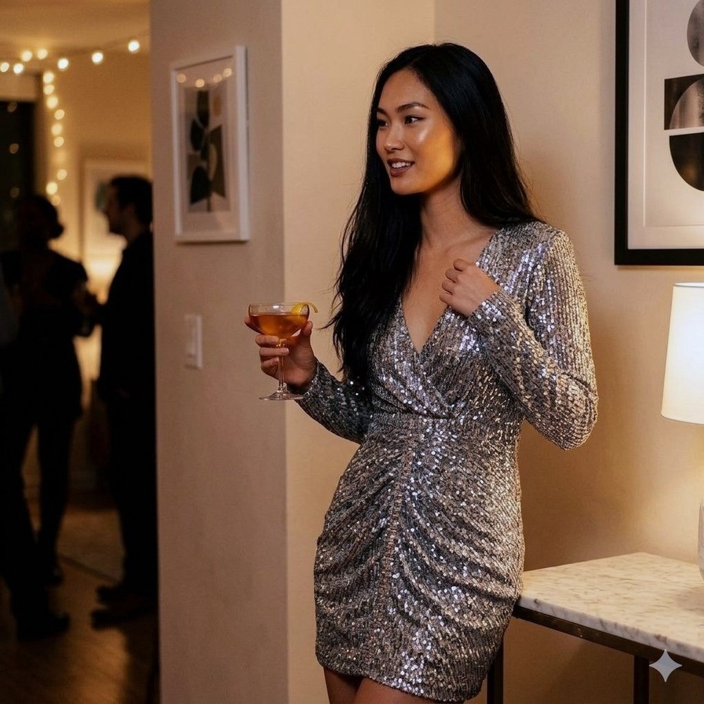 PrettyLittleThing Silver Sequin Ruched V-Neck Long Sleeve Mini Dress Size 6